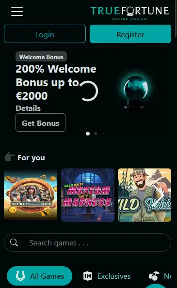 TrueFortune mobile casino app with welcome bonus and game lobby
