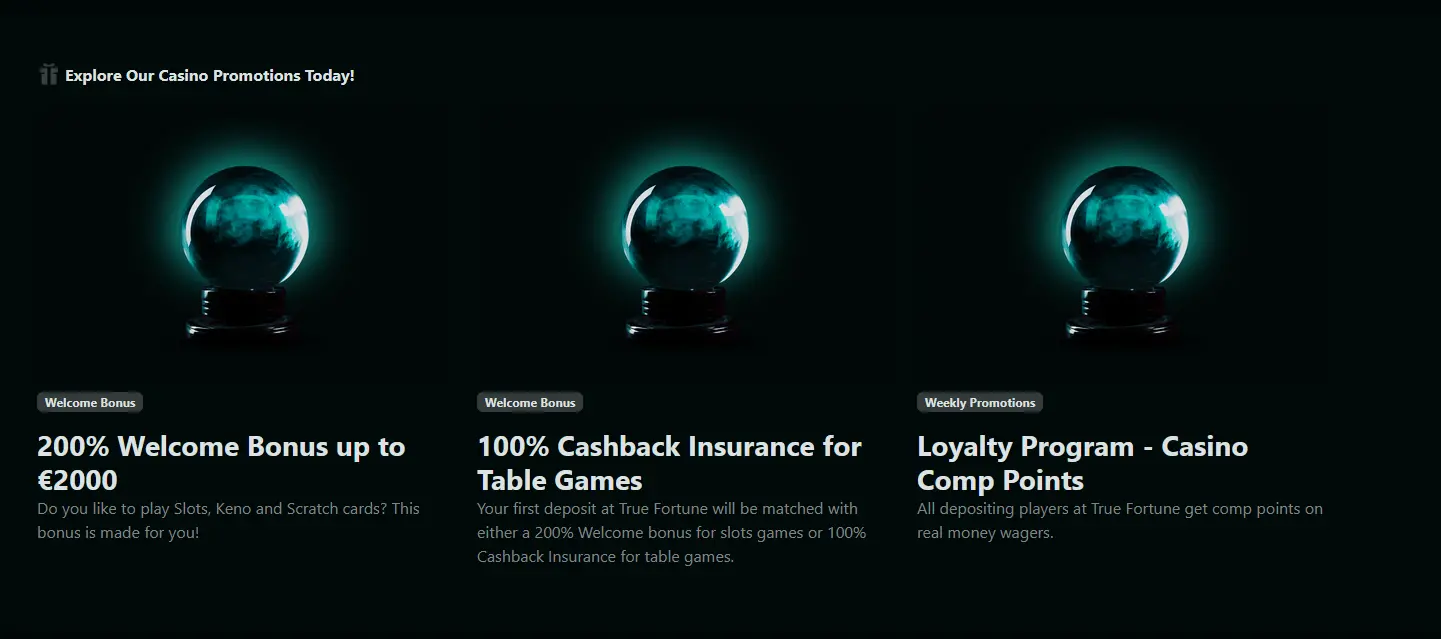TrueFortune casino promotions page with welcome bonus and cashback offers