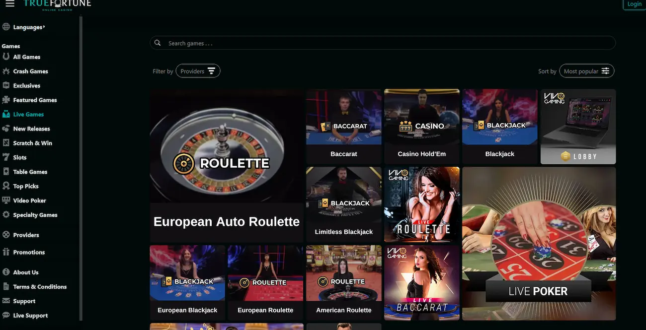 TrueFortune live casino lobby with HD dealer tables