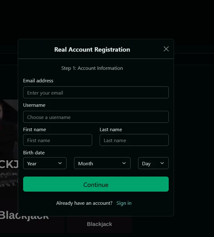 TrueFortune casino registration form for new player sign-up